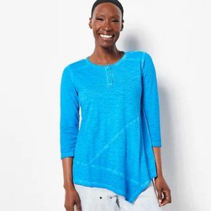 NWT LOGO BY LORI GOLDSTEIN DISTRESS COTTON SLUB 3/4 SLEEVE TOP IBIZA BLUE XXS